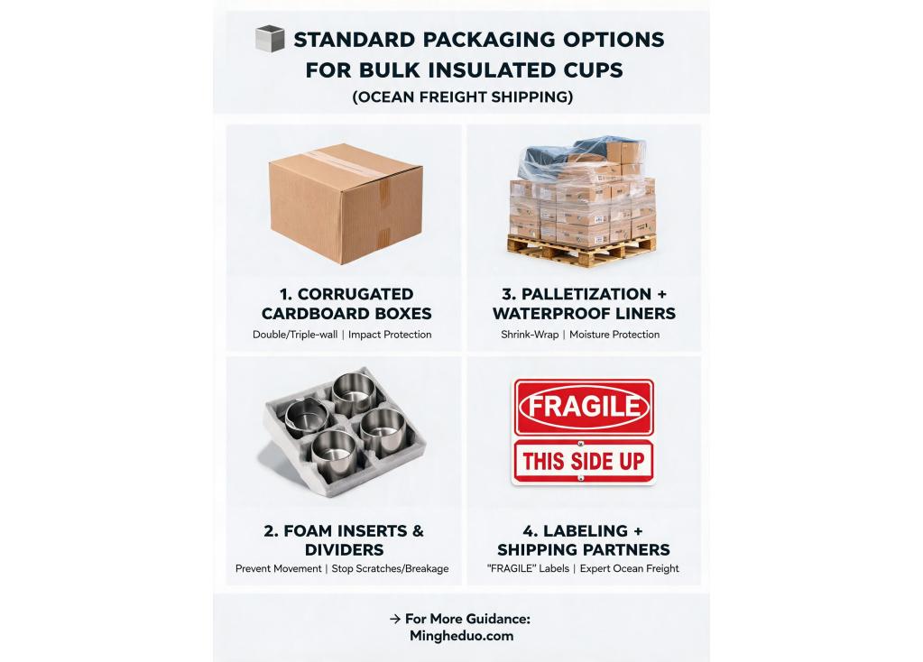 What are the standard packaging options for bulk insulated cups to ensure safe ocean freight shipping?