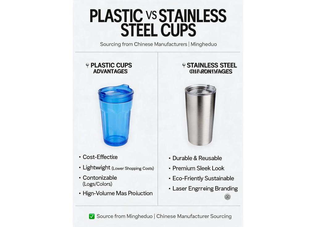 What are the advantages of sourcing plastic cups versus stainless steel cups from a Chinese manufacturer for different retail channels?