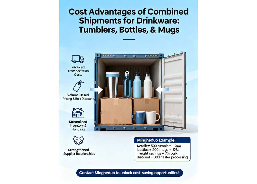 Are there cost advantages to ordering combined shipments of different drinkware products like tumblers, bottles, and mugs?