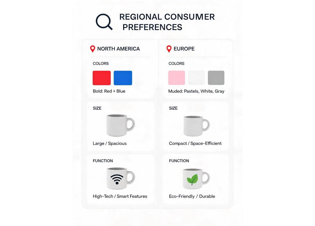 How do consumer preferences for colors, sizes, and functionalities vary across different regions (e.g., North America vs. Europe)?