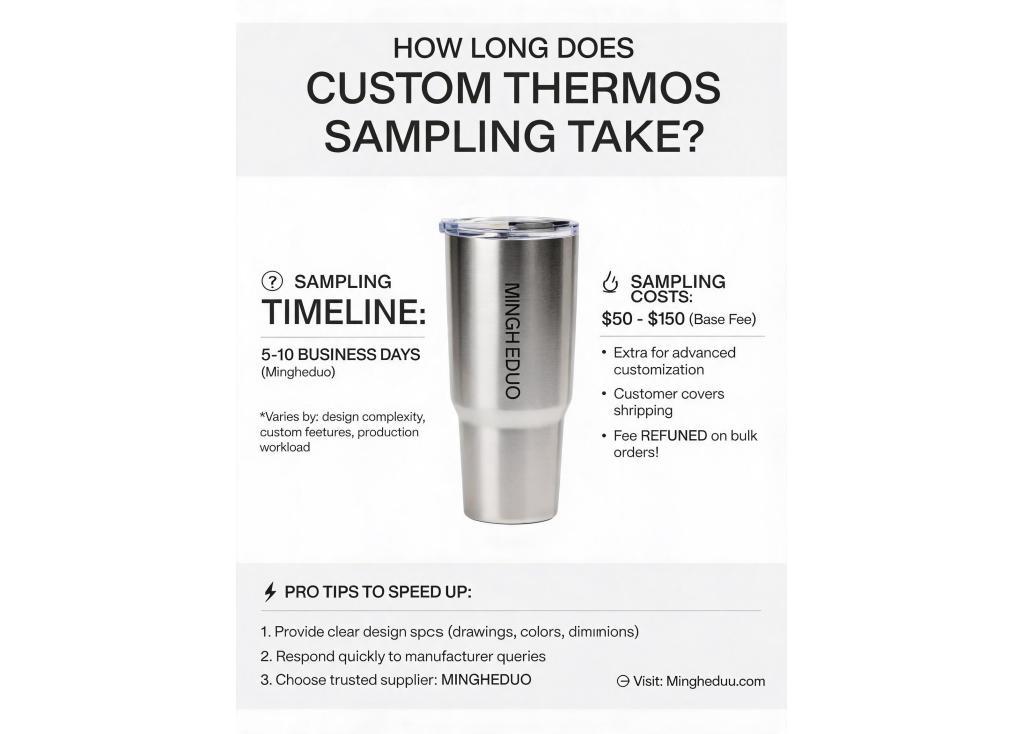 How long does the sampling process typically take for a custom thermos cup, and what are the associated costs?