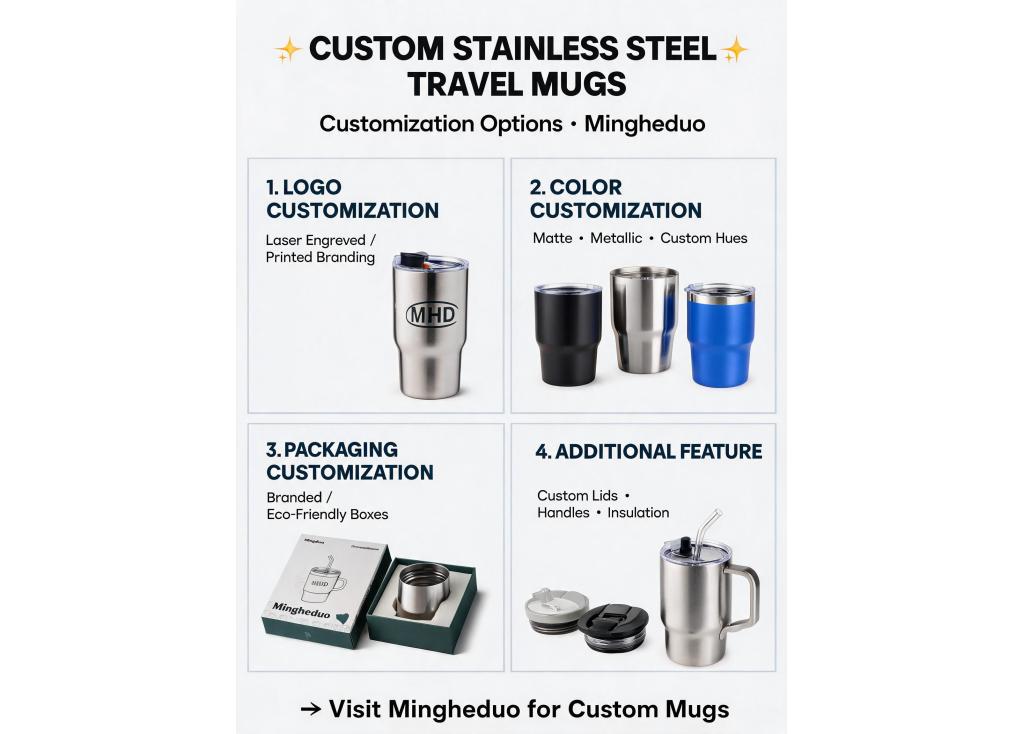 What are the common customization options available for stainless steel travel mugs (logo, color, packaging)?