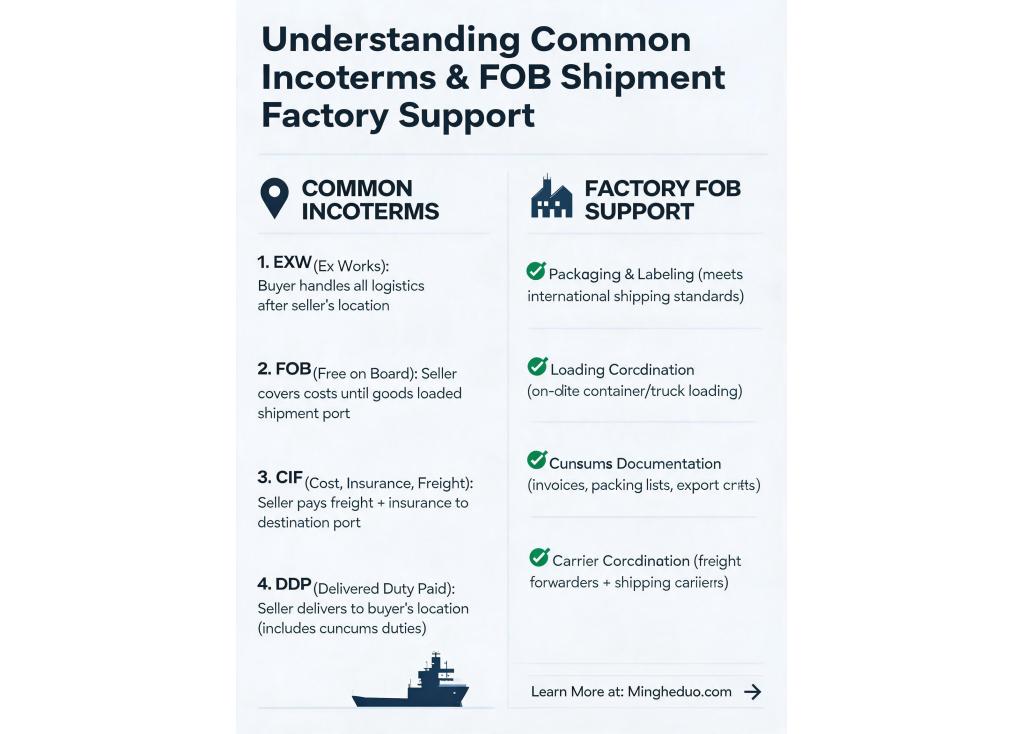 What incoterms are most commonly used, and what logistics support can a factory provide for FOB shipments?