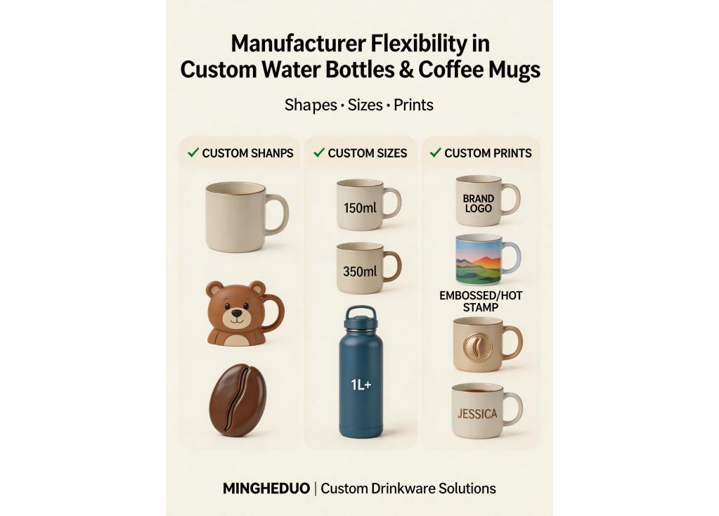 How flexible are manufacturers in creating custom shapes, sizes, and prints for water bottles or coffee mugs?