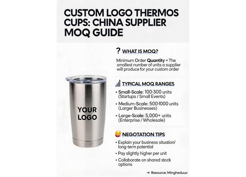 What are the typical MOQ (Minimum Order Quantity) requirements for custom logo thermos cups from Chinese suppliers?