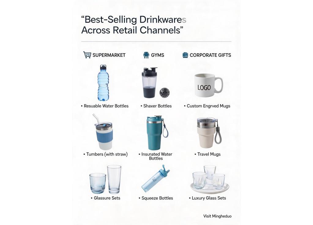 What are the best-selling drinkware products for different retail channels like supermarkets, gyms, or corporate gifts?