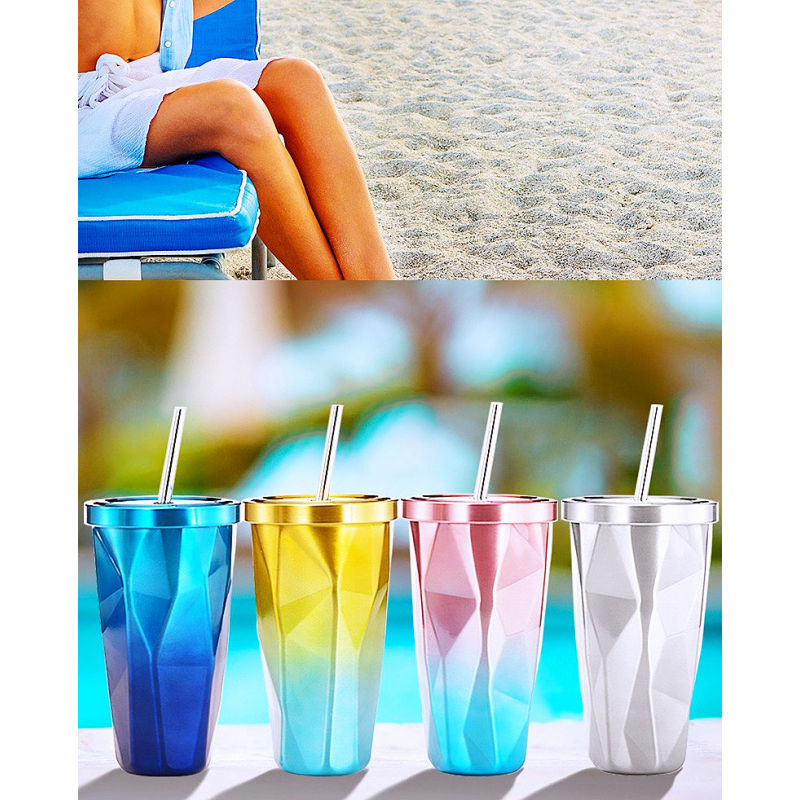 Double Wall Vacuum Mug Drinking Cups Insulated Coffee Travel Mugs 16oz Stainless Steel Irregular Shape Coffee Tumbler With Straw