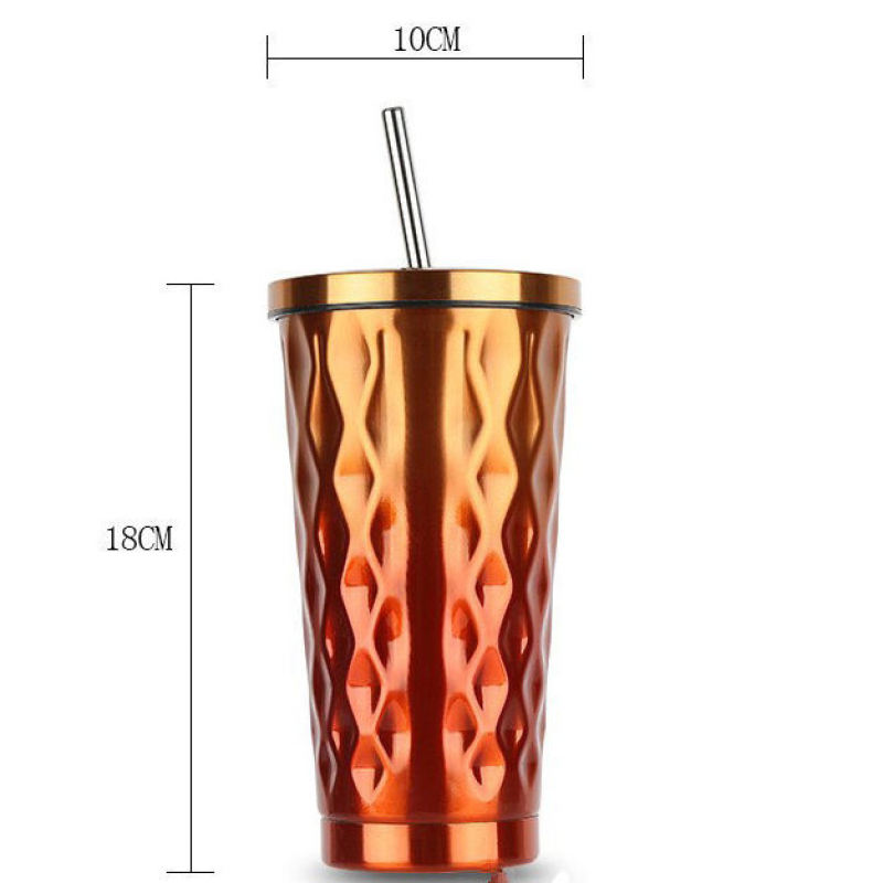Double Wall Vacuum Mug Drinking Cups Insulated Coffee Travel Mugs 16oz Stainless Steel Irregular Shape Coffee Tumbler With Straw