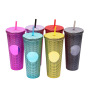 Water Bottle 24 oz BPA Free Double Wall Plastic Pink Tumbler With Straw Studded Tumbler With Lid and Straw