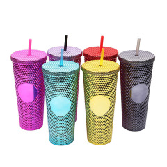 Water Bottle 24 oz BPA Free Double Wall Plastic Pink Tumbler With Straw Studded Tumbler With Lid and Straw