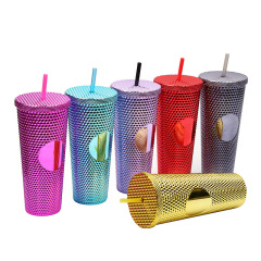 Water Bottle 24 oz BPA Free Double Wall Plastic Pink Tumbler With Straw Studded Tumbler With Lid and Straw