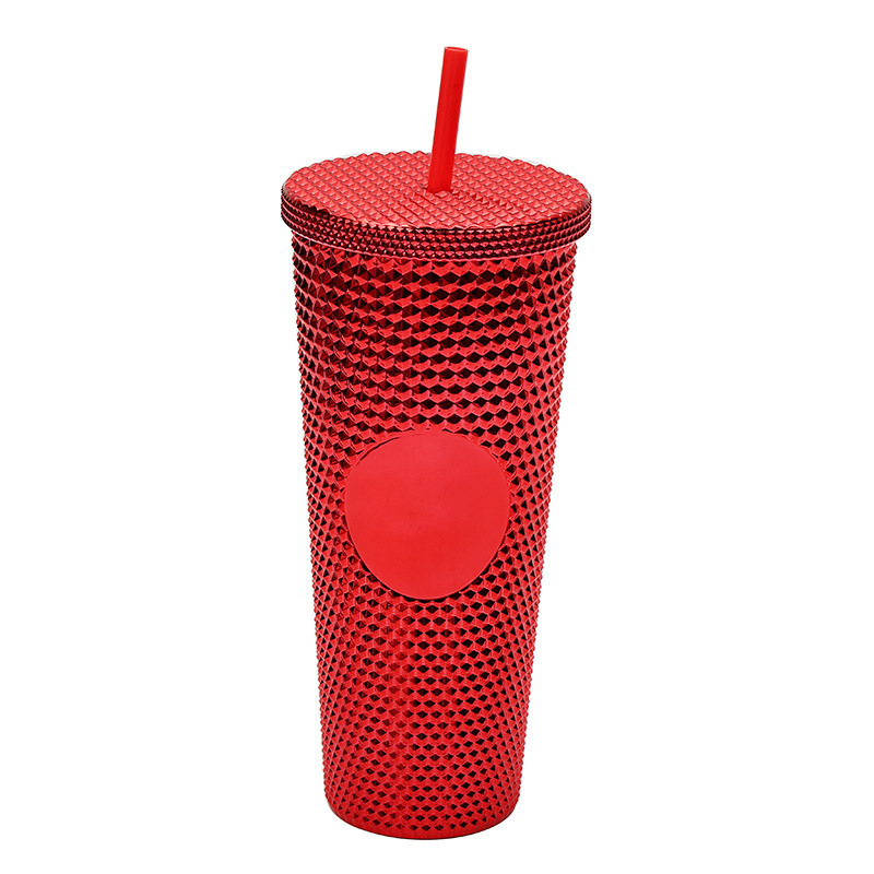 Water Bottle 24 oz BPA Free Double Wall Plastic Pink Tumbler With Straw Studded Tumbler With Lid and Straw