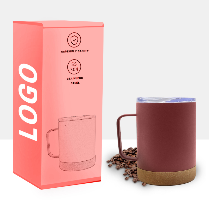 Wholesale Custom 304 Stainless Steel Black Mugs Coffee Cup Travel Tumbler Insulated Thermal Cork Mug With Lid With Cork Bottom