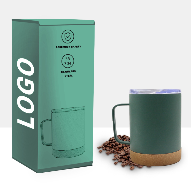 Wholesale Custom 304 Stainless Steel Black Mugs Coffee Cup Travel Tumbler Insulated Thermal Cork Mug With Lid With Cork Bottom