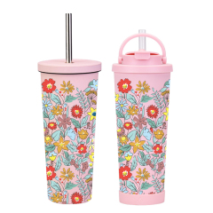 New Arrival Large Capacity Drinking Cup Wide Mouth Portable Outdoor Sports Kettle Straw Cup a Set of Flowers Printed Bottle