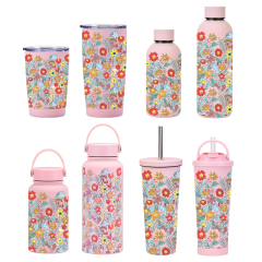 New Arrival Large Capacity Drinking Cup Wide Mouth Portable Outdoor Sports Kettle Straw Cup a Set of Flowers Printed Bottle