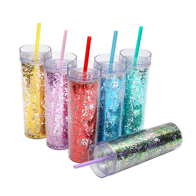 Wholesale Snow Globe Tumbler Plastic 16OZ Bling Tumbler Plastic Tumblers With Lids and Straws