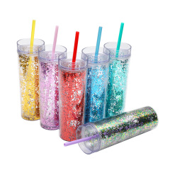 Wholesale Snow Globe Tumbler Plastic 16OZ Bling Tumbler Plastic Tumblers With Lids and Straws