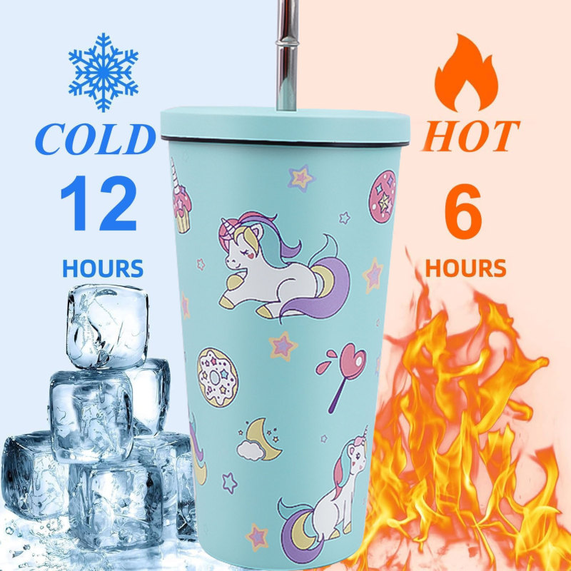 Full Design 16oz Kids Tumblers with Lids & Straws Cup Double Walled Vacuum Insulated Stainless Steel Mug for Hot & Cold Drinks