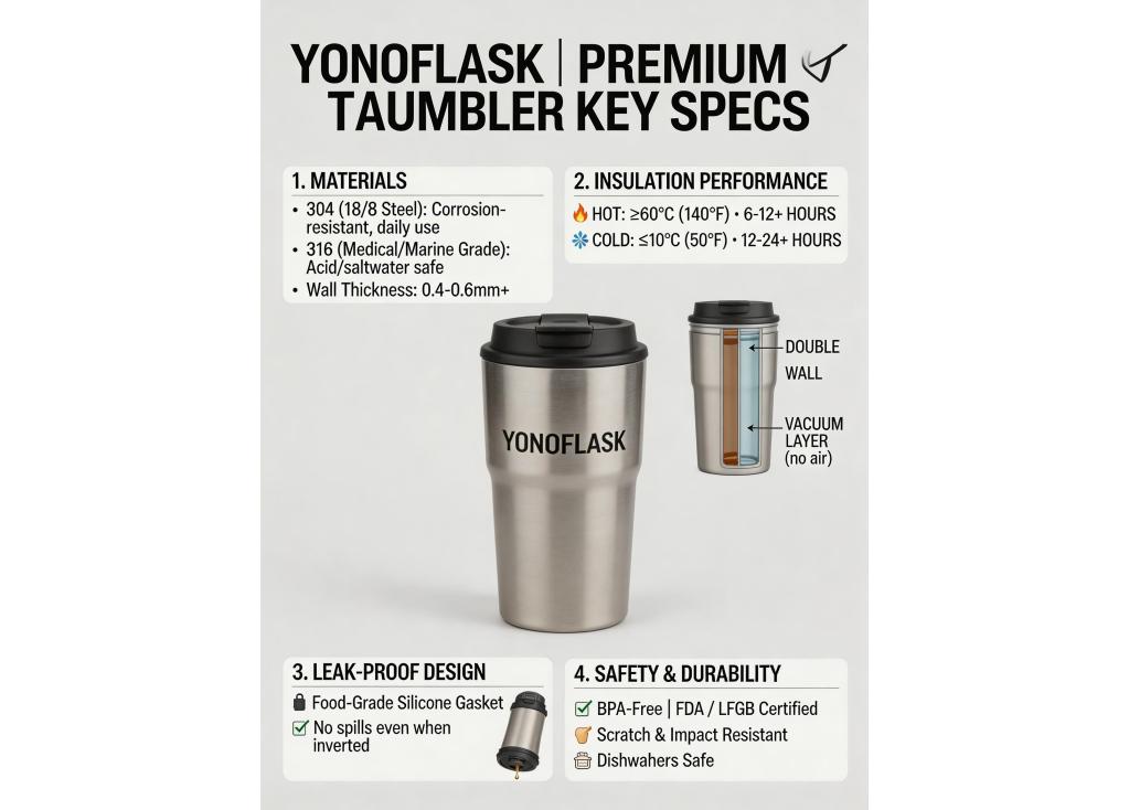 What are the key specifications and performance standards for high-quality stainless steel vacuum insulated tumblers?