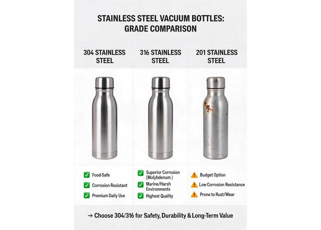 What are the differences in manufacturing and quality between various grades of stainless steel vacuum bottles?