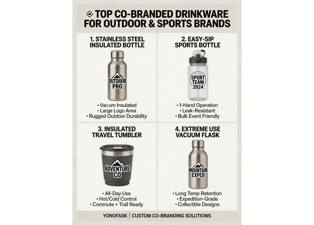 Which drinkware products are most popular with outdoor and sports brands for co-branding?
