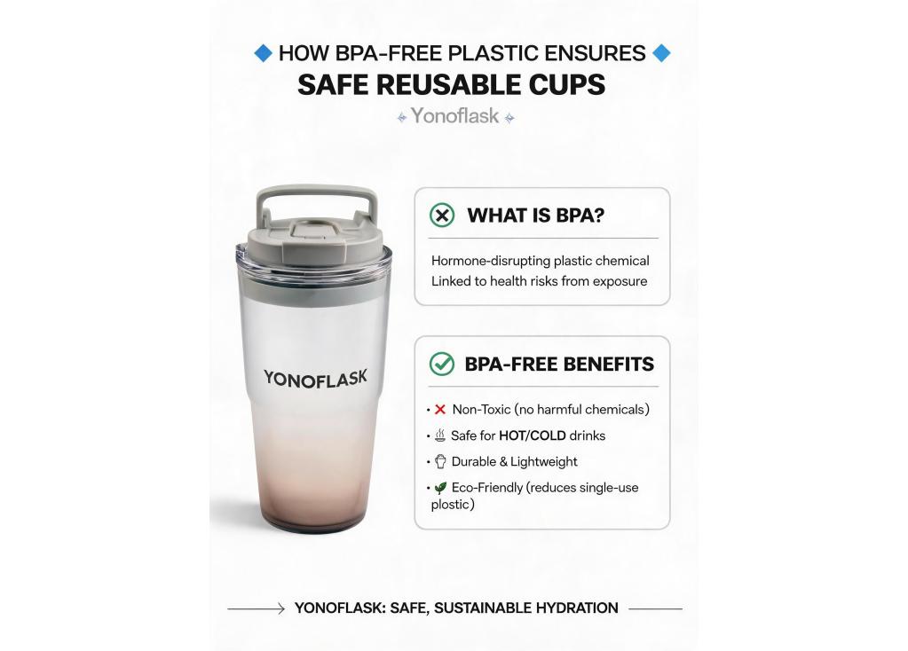 How does BPA-free plastic ensure safety in reusable cups and bottles?