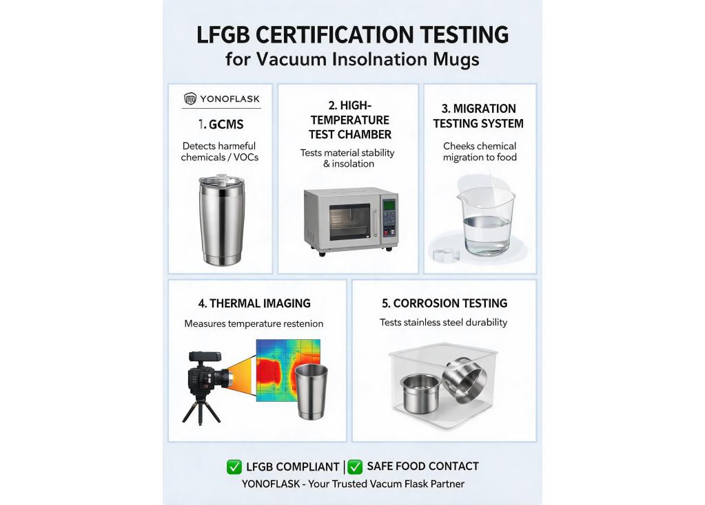 What testing equipment is used to ensure vacuum insulation mugs pass LFGB certification?