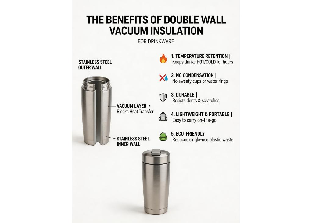 What are the benefits of double wall vacuum insulation in drinkware?