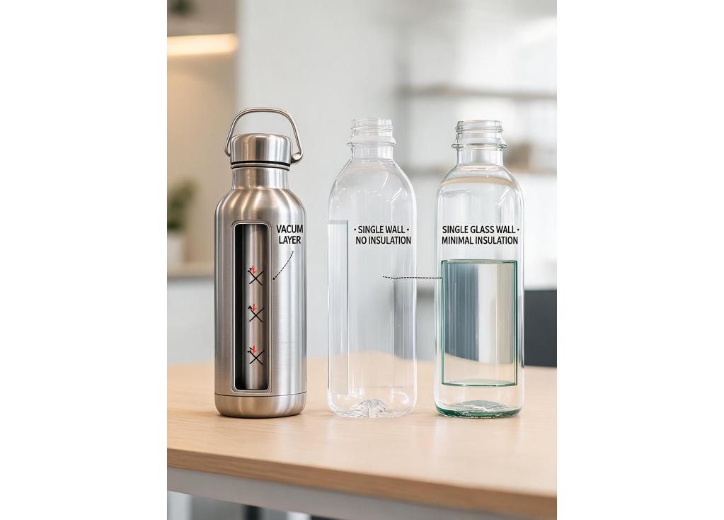 What are the differences in insulation performance between stainless steel, plastic, and glass water bottles?