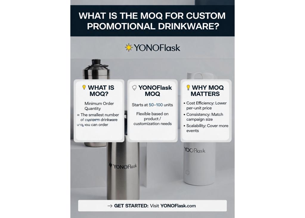 What is the minimum order quantity (MOQ) for custom promotional drinkware?