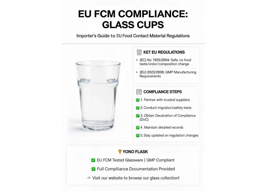 How do importers check for compliance with EU food contact material regulations for glass cups?