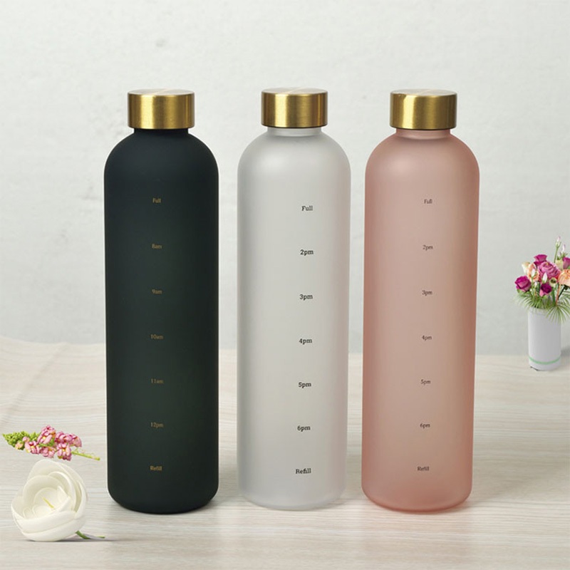 550ML 1000ml Low MOQ Bottle Frosted Time Marker Borosilicate Glass Water Bottles With Bamboo Lid