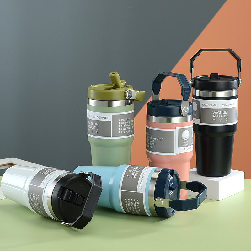 Promotional Travel Camping Car Coffee Milk 20oz 30oz Double Wall Stainless Steel Tumbler with Handle and Straw