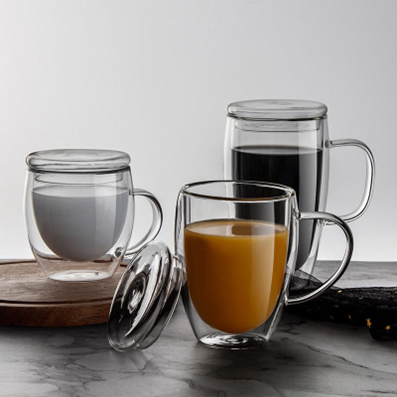 Custom Promotional 250ml 350ml 450ml Double Wall Borosilicate Glass Coffee Beer Cup Mug With with Bamboo Lid