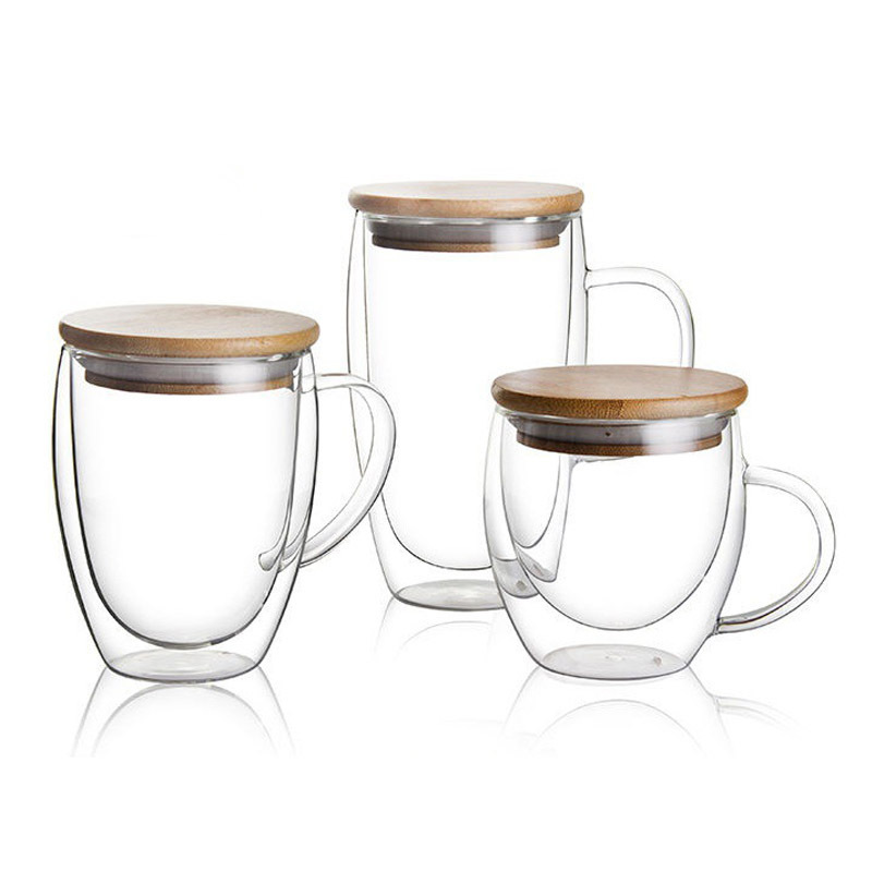 Custom Promotional 250ml 350ml 450ml Double Wall Borosilicate Glass Coffee Beer Cup Mug With  with Bamboo Lid