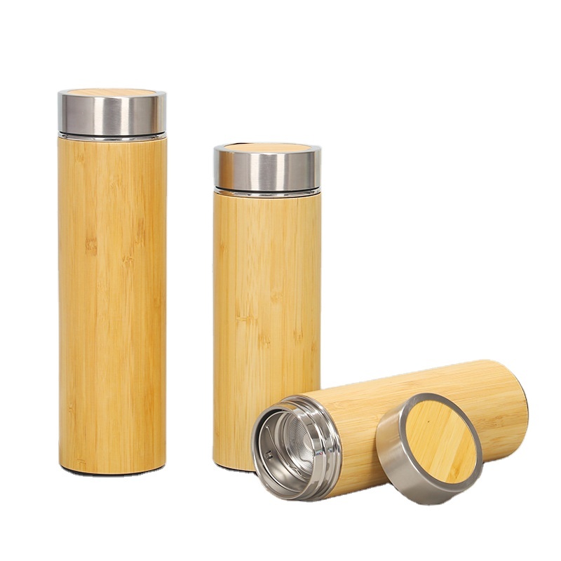 Wholesale Factory 350ml 450ml Bamboo Water Bottle Vacuum Stainless Bottle Tea Tumbler Coffee Mugs and Cups with Lids
