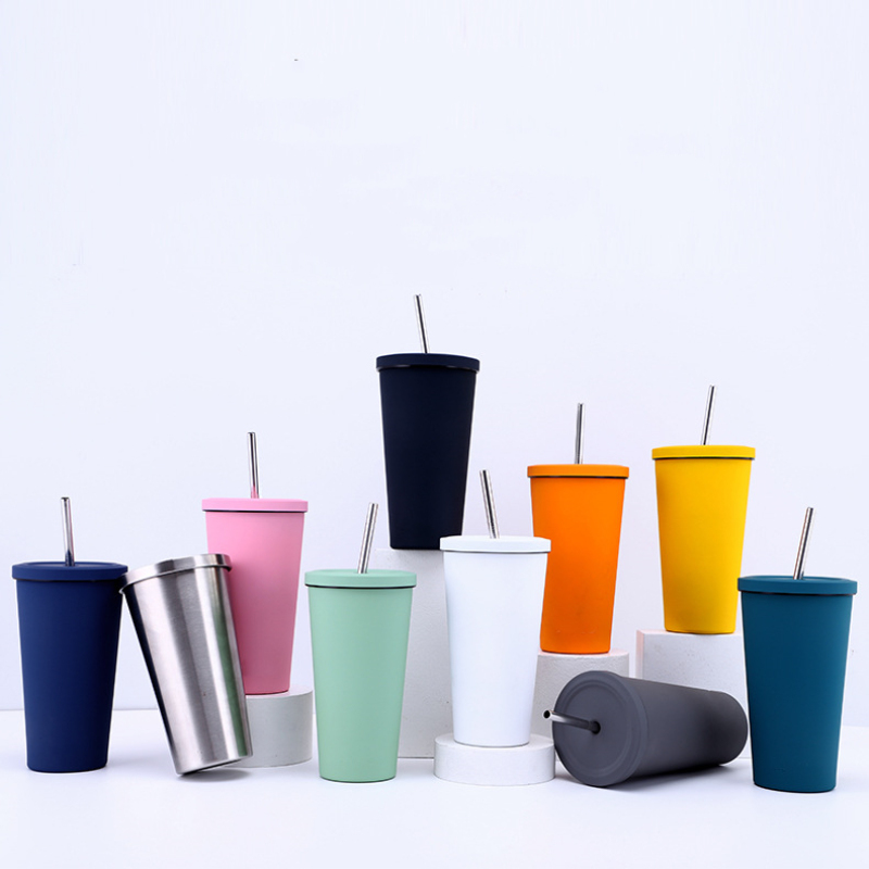 High Quality 500ml Rubber Painting Coffee Cup Drinking Tumblers Portable Mugs Stainless Steel Straw Cup