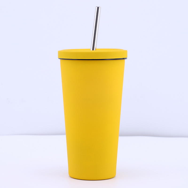 High Quality 500ml Rubber Painting Coffee Cup Drinking Tumblers Portable Mugs Stainless Steel Straw Cup