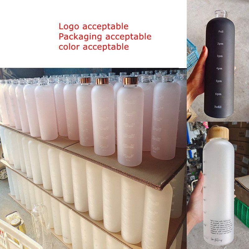BPA Free Time Marker Portable 32oz Sport Plastic Tritan Water Bottle Frosted Glass Bottle with Strap
