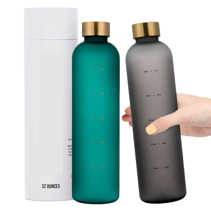 BPA Free Time Marker Portable 32oz Sport Plastic Tritan Water Bottle Frosted Glass Bottle with Strap