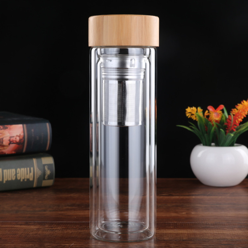 Double Wall Glass Water Bottle 450ml Bamboo Lid Drinking Glass with Tea Strainer
