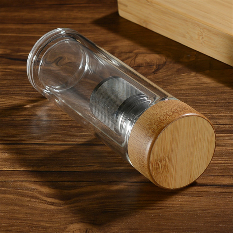 Double Wall Glass Water Bottle 450ml Bamboo Lid Drinking Glass with Tea Strainer