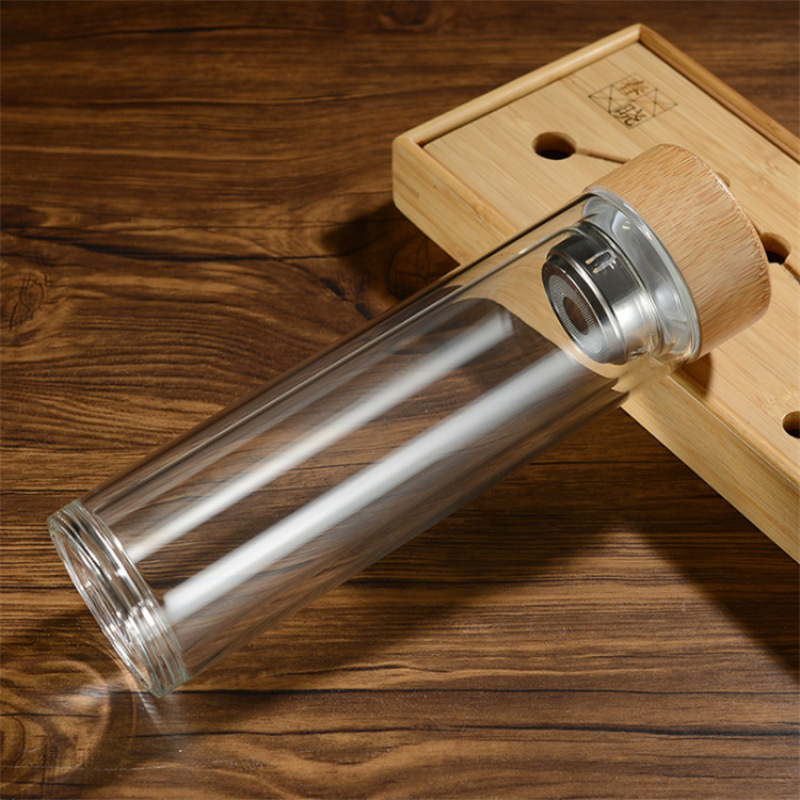 Double Wall Glass Water Bottle 450ml Bamboo Lid Drinking Glass with Tea Strainer