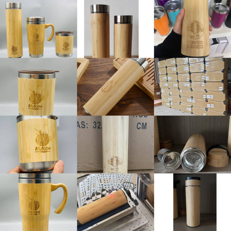 Wide Mouth Double Wall Bamboo Tumbler Stainless Steel Bamboo Water Bottle Customized Logo with Leak Proof Lid