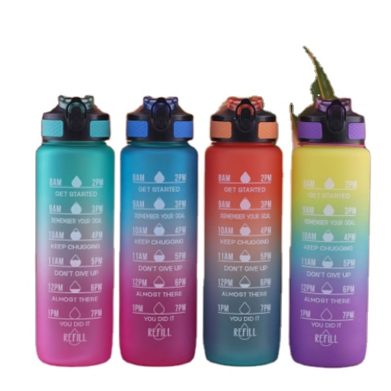 Promotional 1000ml Gradient Color Time Marker Plastic Water Bottle Cup for Children Cup Cute Strap Bottles