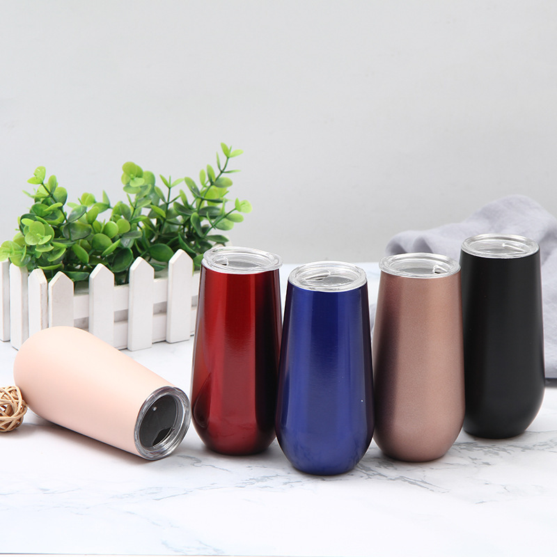 Wine Glass Champagne Flutes 6oz clear Tumblers with Lid and Straw Wholesale Wine Tumbler Mug Vacuum Glass Egg Shaped Cup