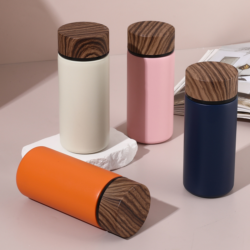 Wholesale Custom Logo 280ml Stainless Steel Water Bottle with Stylish Wood Grain Lid, Mini Design