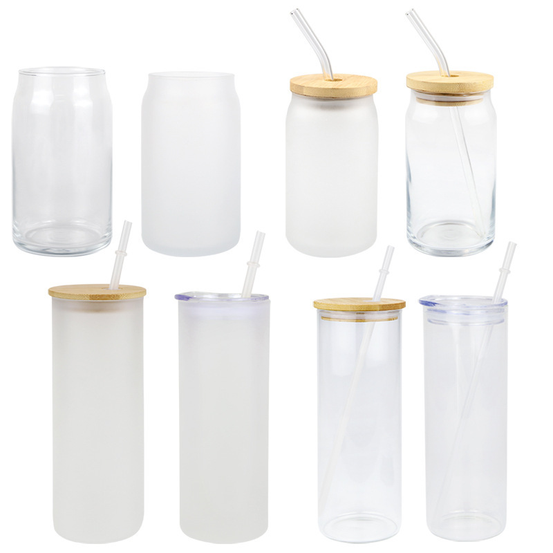 DIY Sublimation Blank 12 oz 16 oz 25 oz Gift Promotional Cola Glass Straight Tumbler Cup Can Mugs with Bamboo Lid and Straw