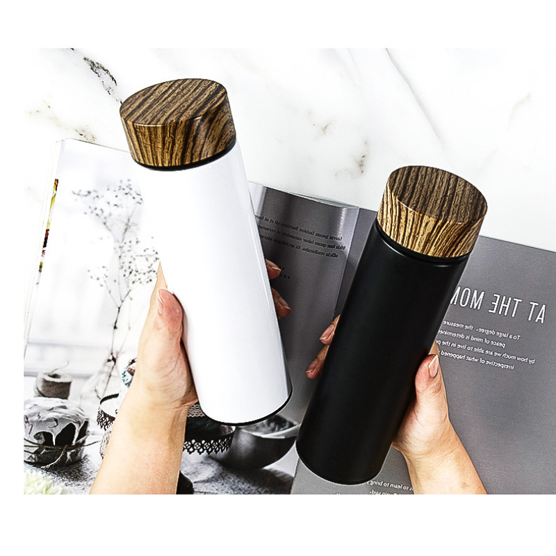 New Design 350ml 450ml Wooden Color Lid Straight Bottles Stainless Steel  Insulated Water Bottles with Tea Infuser